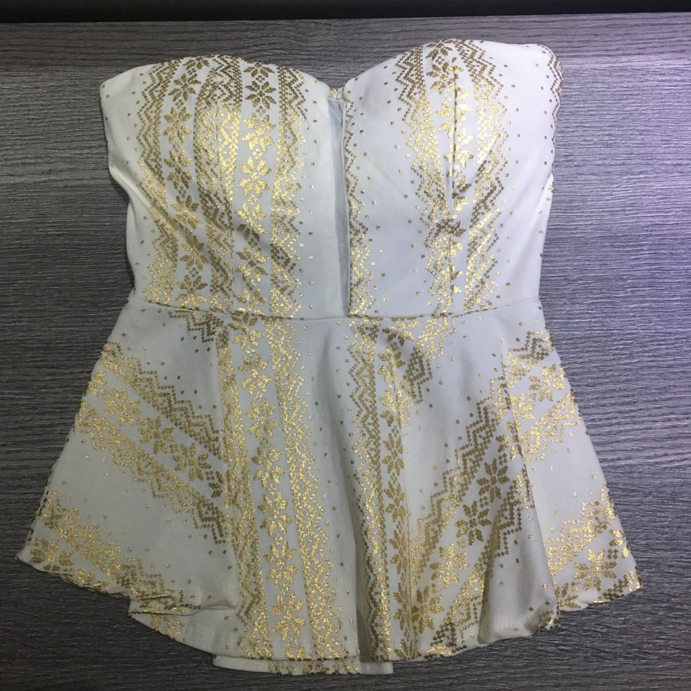 Boutique White and Gold Strapless Top